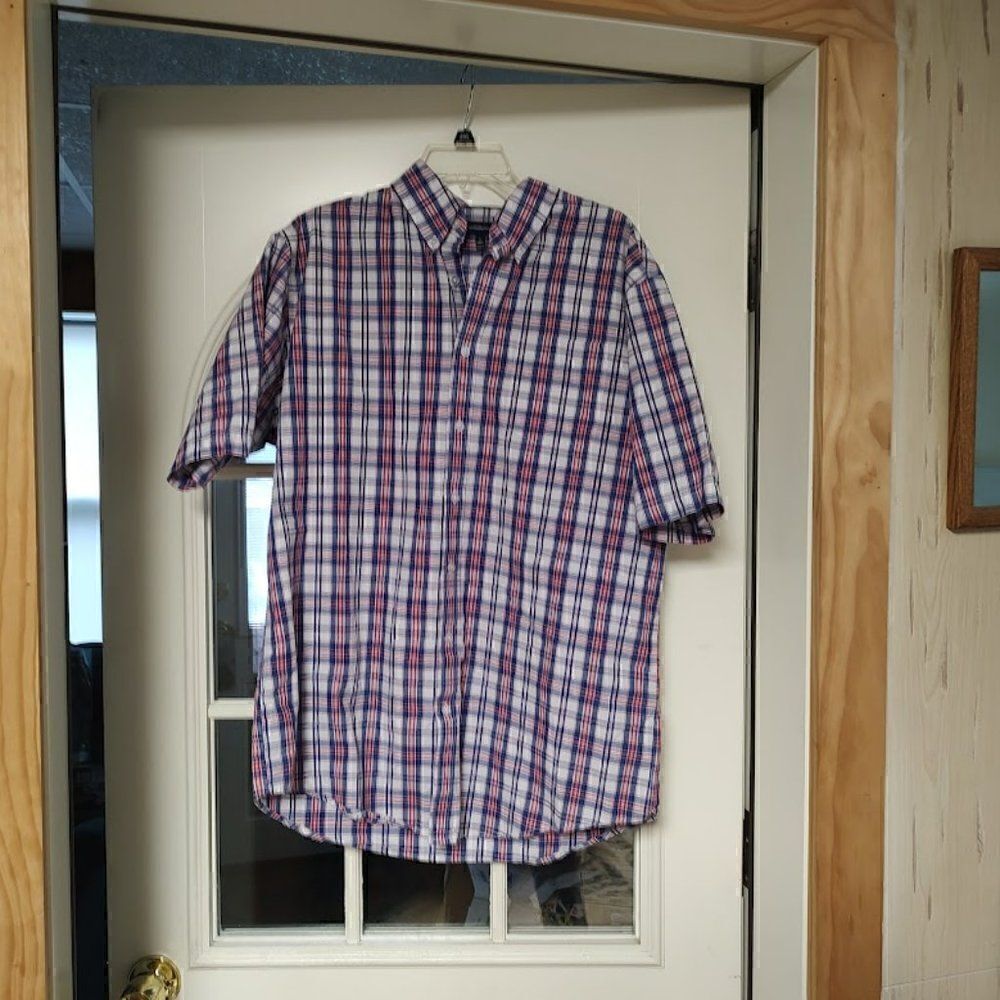 Croft & Barrow White Red Blue Plaid Short Sleeve Button Down Shirt Men's L Tall